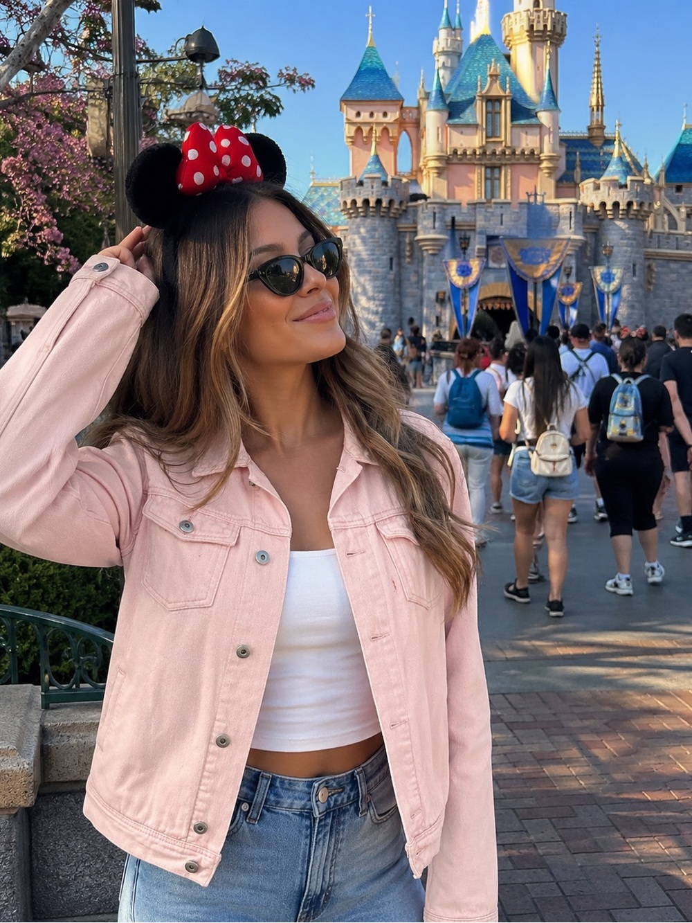 🎀 Disney Minnie Mouse Pink Denim Jacket – Embroidered Sailor Minnie